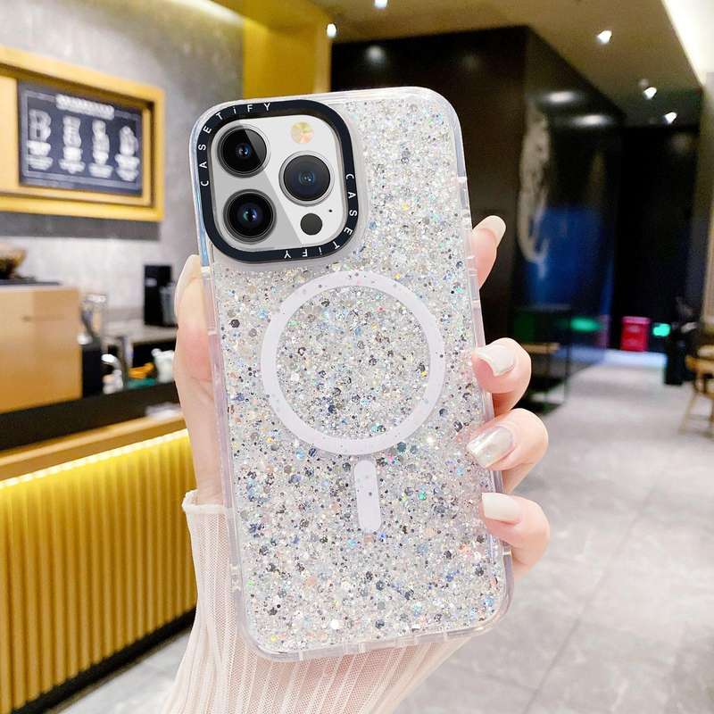 For iPhone 15 Pro Gold Armor MagSafe Glitter Epoxy Phone Case(White)