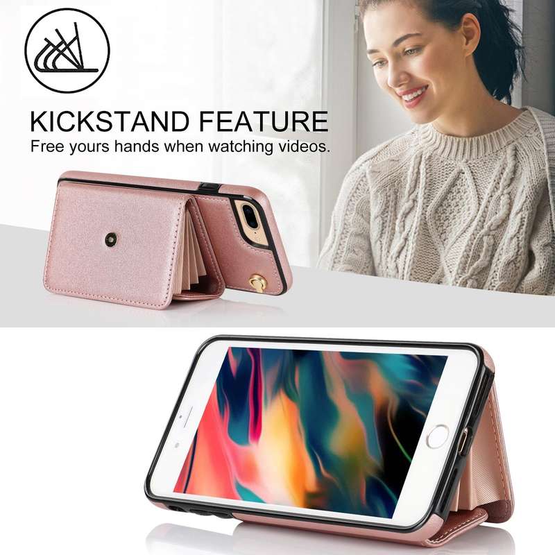 For iPhone 8 Plus / 7 Plus RFID Card Slot Phone Case with Long Lanyard(Rose Gold)