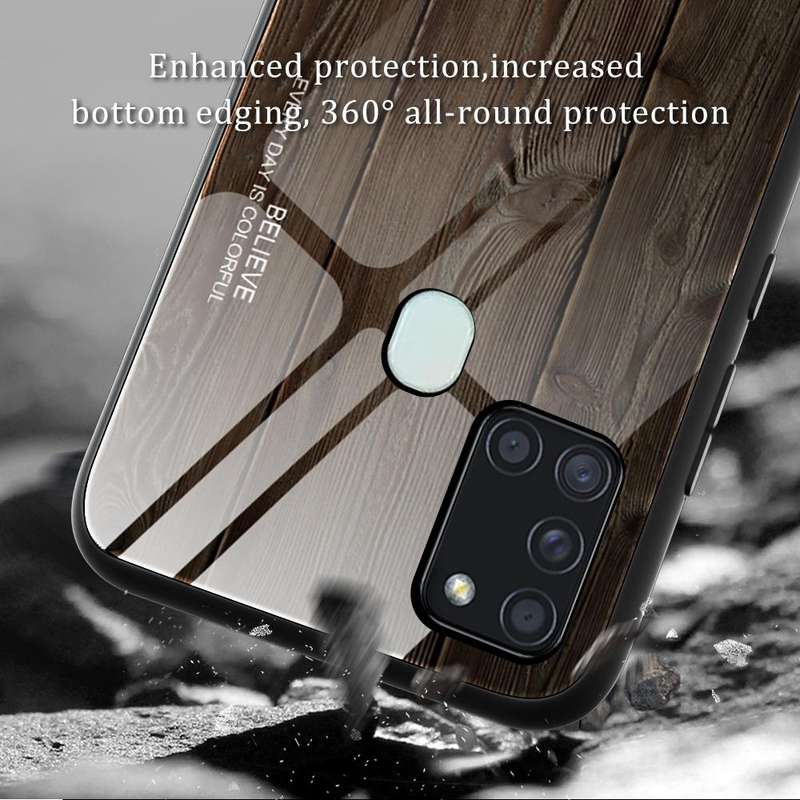 For Samsung Galaxy A21s Wood Grain Tempered Glass + TPU Shockproof Case(M03)
