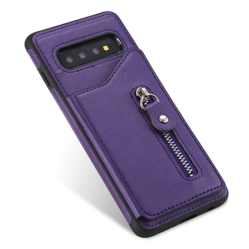 For Galaxy S10 Solid Color Double Buckle Zipper Shockproof Protective Case(Purple)