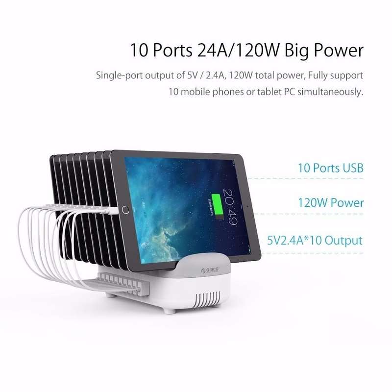 ORICO DUK-10P 120W 10 USB Ports Smart Charging Station with Phone & Tablet Stand, EU Plug(White)