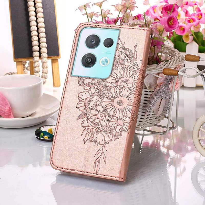 For OPPO Reno8 Pro Embossed Butterfly Flip Leather Phone Case(Rose Gold)