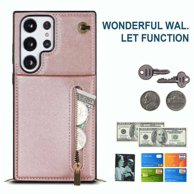 For Samsung Galaxy S23 Ultra 5G Cross-body Zipper Square TPU+PU Back Cover Case(Rose Gold)
