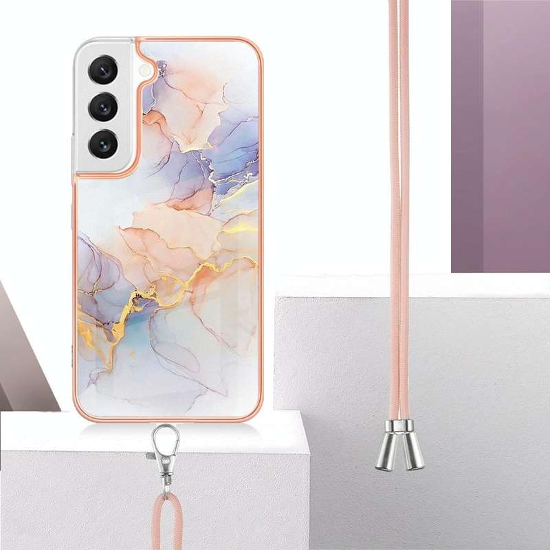 For Samsung Galaxy S22 5G Electroplating IMD TPU Phone Case with Lanyard(White Marble)