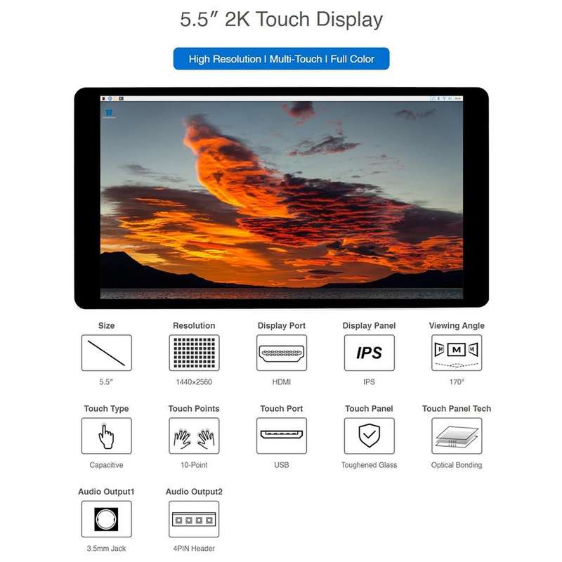 Waveshare 5.5 inch 1440 x 2560 2K Capacitive Touch LCD Display IPS Screen for Raspberry Pi , HDMI...