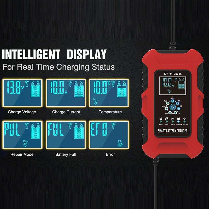 FOXSUR 10A 12V 7-segment Motorcycle / Car Smart Battery Charger, Plug Type:EU Plug(Red)