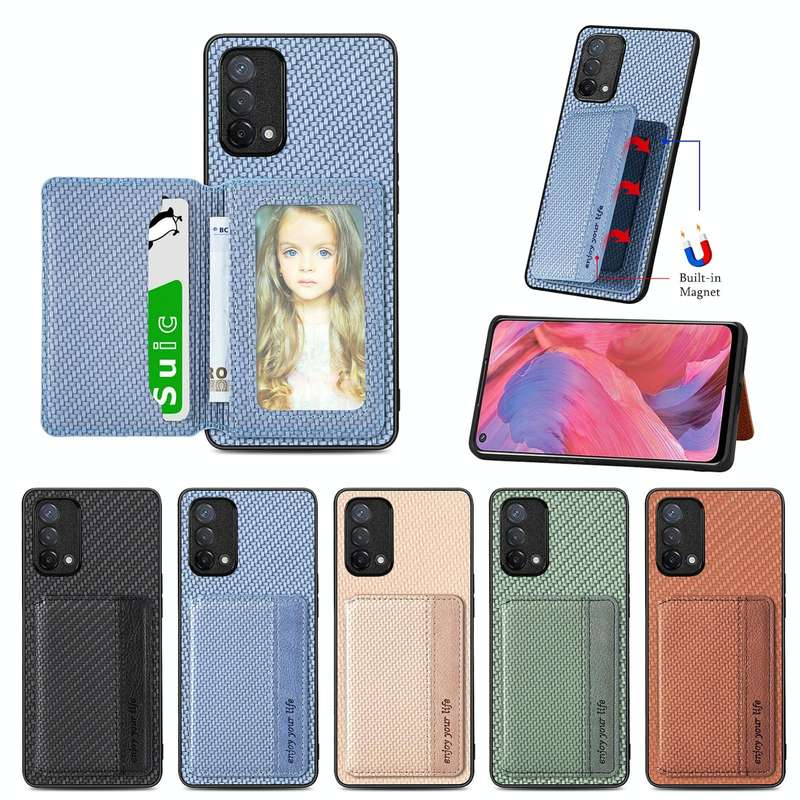 For OPPO A74 5G Carbon Fiber Magnetic Card Bag Phone Case(Green)