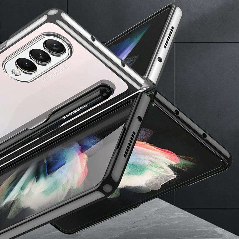 For Samsung Galaxy Z Fold3 5G GKK Integrated Electroplating + Glass Phone Case with Pen Slot(Dark...