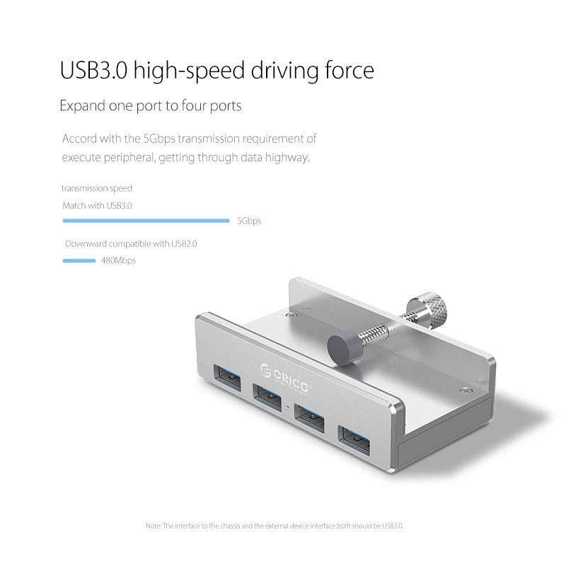 ORICO MH4PU Aluminum Alloy 4 Ports USB 3.0 Clip-type HUB with 1m USB Cable, Clip Width Range: 10-...