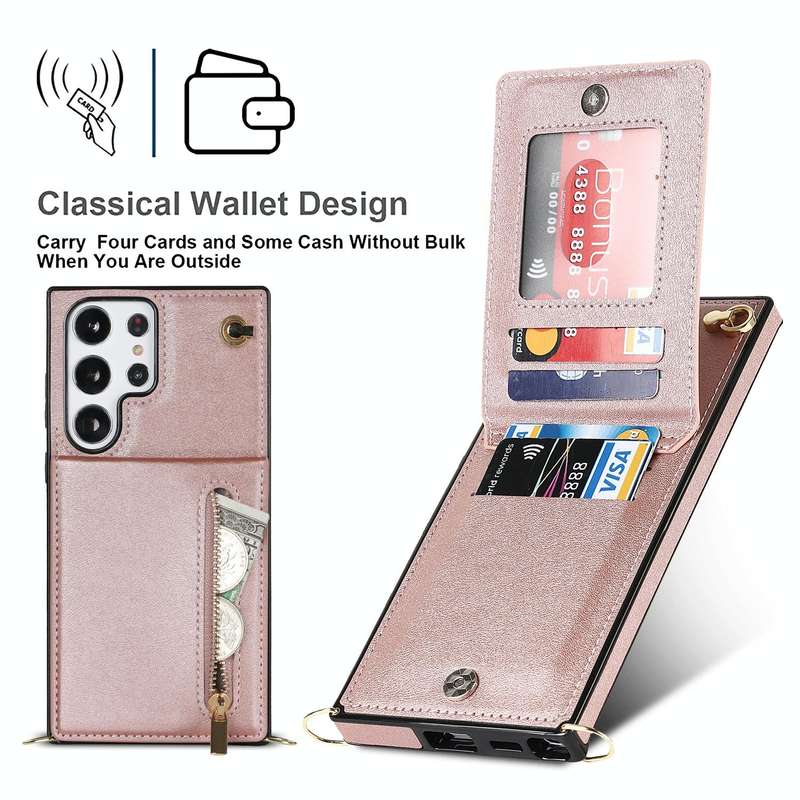 For Samsung Galaxy S23 Ultra 5G Cross-body Zipper Square TPU+PU Back Cover Case(Rose Gold)