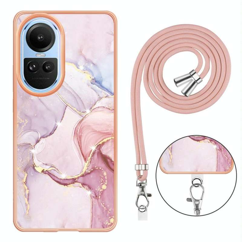 For OPPO Reno10 5G Global Electroplating Marble Dual-side IMD Phone Case with Lanyard(Rose Gold 005)
