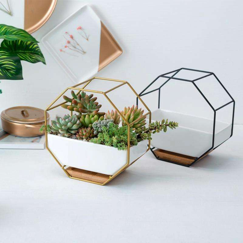 Simple Octagonal Geometric Wall Hanging Table Succulent Platter Bamboo Support Iron Frame Flower ...