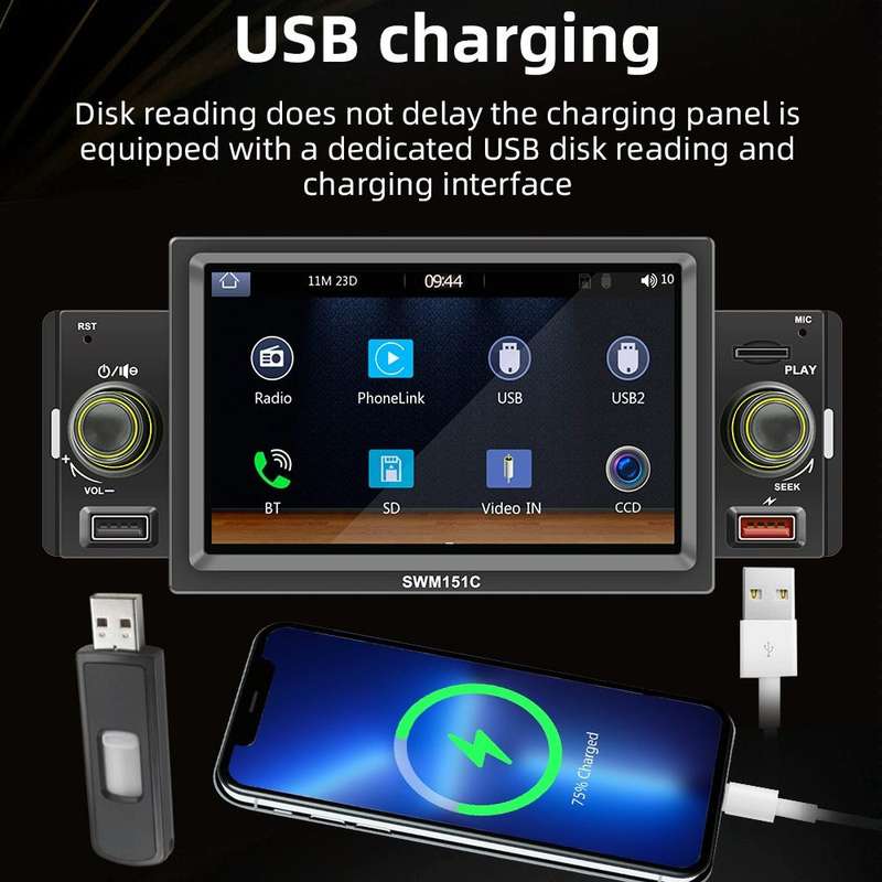 SWM151C 5 inch Portable Car MP5 Player Support CarPlay / Android Auto(Black)