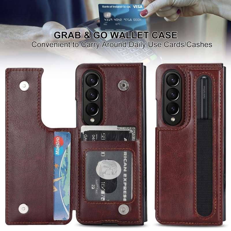For Samsung Galaxy Z Fold3 Full Coverage Fold Double Buckle PU Phone Case with Pen Slots(Brown)
