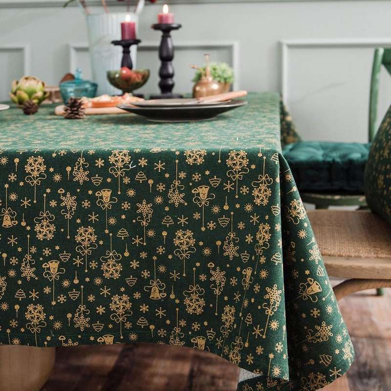 Linen Cotton Christmas Party Tablecloth Rectangle Bronzing Dinning Table Cover, Size:90x90cm(Green)