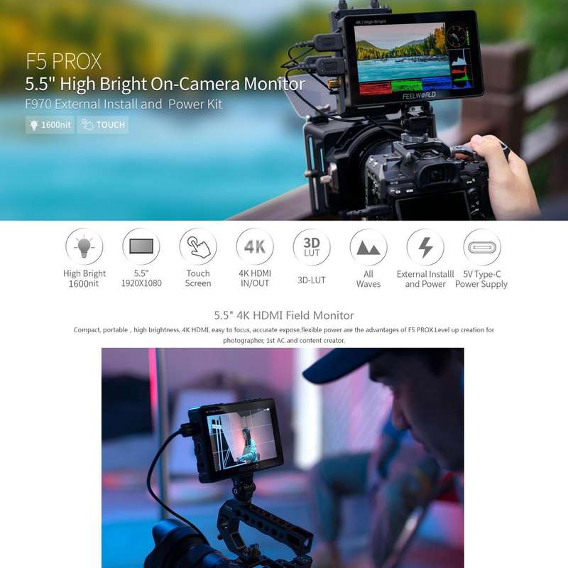 FEELWORLD F5 ProX 5.5 inch 1600nit High Bright Touch Screen DSLR Camera Field Monitor 4K HDMI F97...