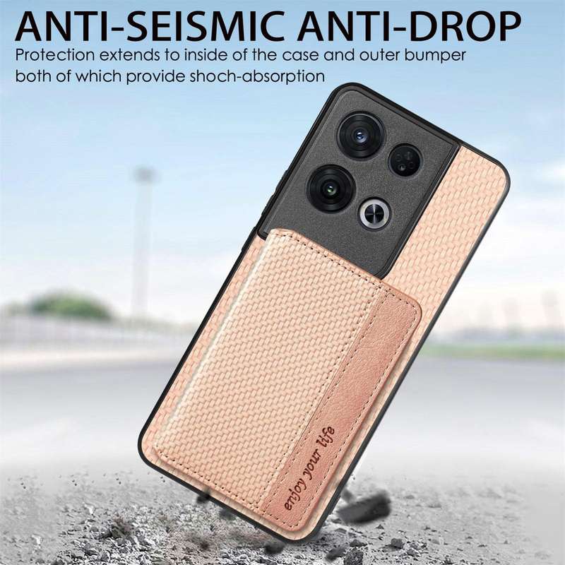 For OPPO Reno 8 Pro Carbon Fiber Magnetic Card Bag Phone Case(Khaki)