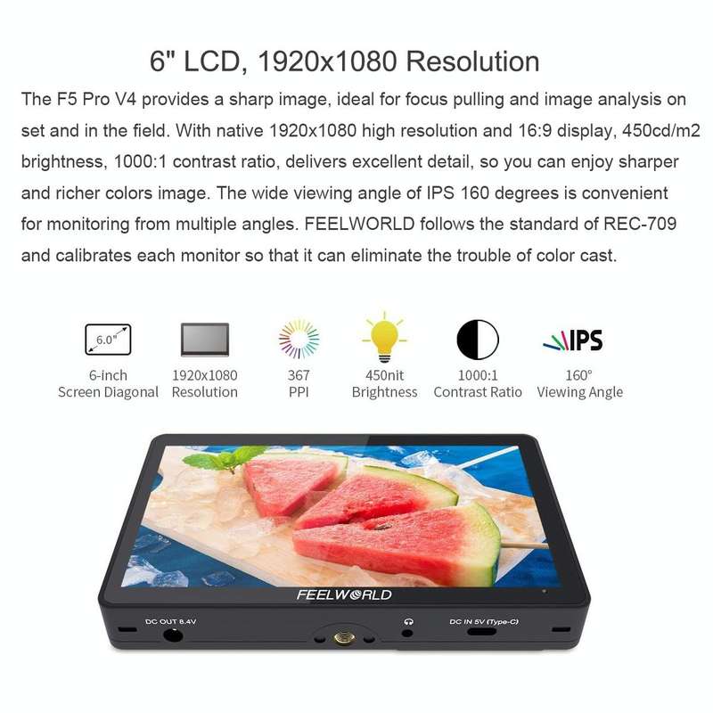 FEELWORLD F5 Pro V4 6 inch Touch Screen DSLR Camera Field Monitor 3D LUT 4K HDMI Input Output Til...