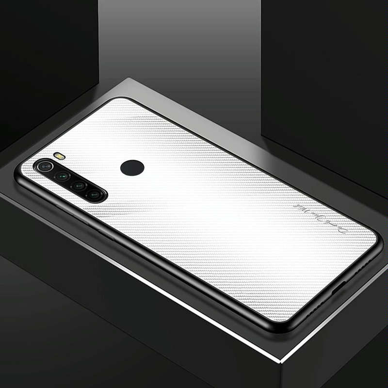 For Xiaomi Redmi Note 8 Carbon Fiber Texture Gradient Color Glass Case(White)