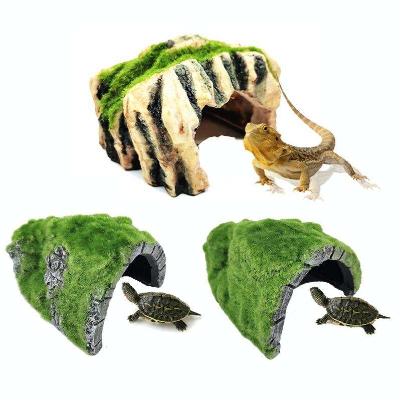 ZR7662 Flocked Caple Box Turtle Hiding Nest Moss Cave Turtle Cave Sunbed