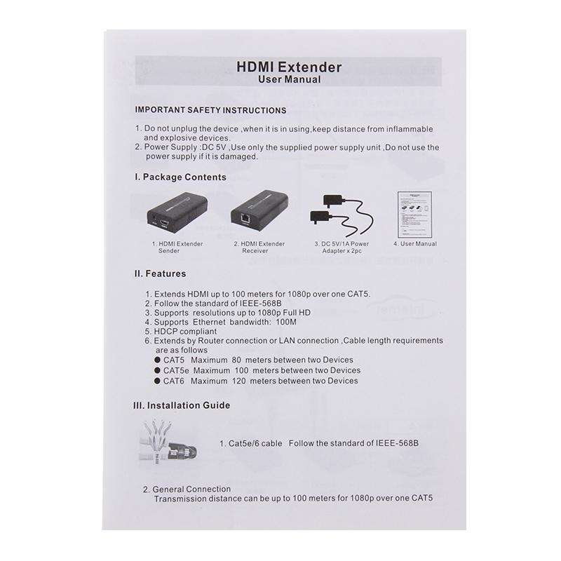 HDMI Extender over Single UTP CAT5e/6 Cable, Transmission Distance: 100m