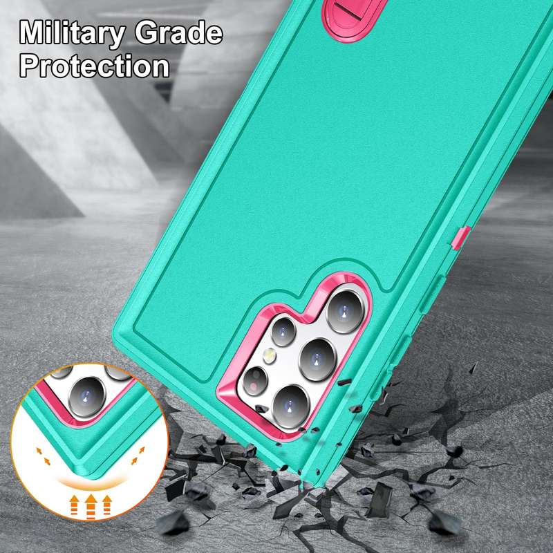 For Samsung Galaxy S22 Ultra 5G 3 in 1 Rugged Holder Phone Case(Blue+Pink)