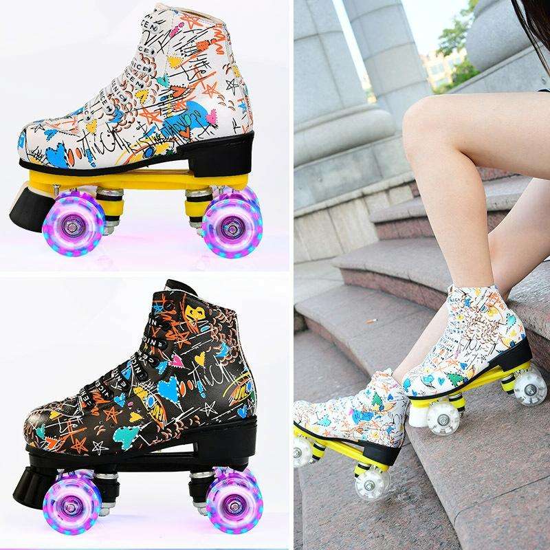 Adult Children Graffiti Roller Skates Shoes Double Row Four-Wheel Roller Skates Shoes, Size: 42(F...