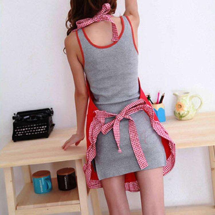 Sleeveless Bow Lace Apron with Pocket(Black White Grid on Red)