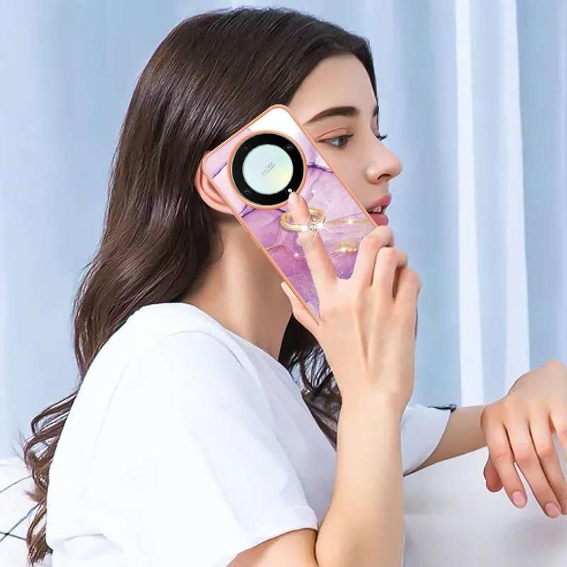 For Honor X9a / Magic5 Lite Electroplating Marble IMD TPU Phone Case with Ring Holder(Purple 001)