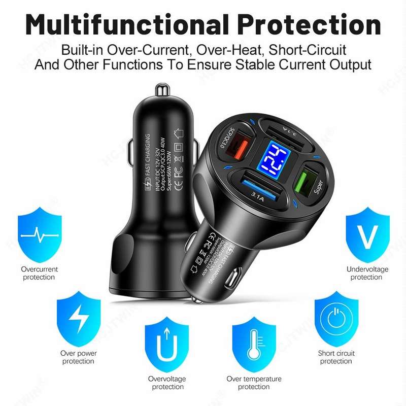 66W 4 in 1 Digital Display Fast Charging Car Charger with Voltmeter (Black)