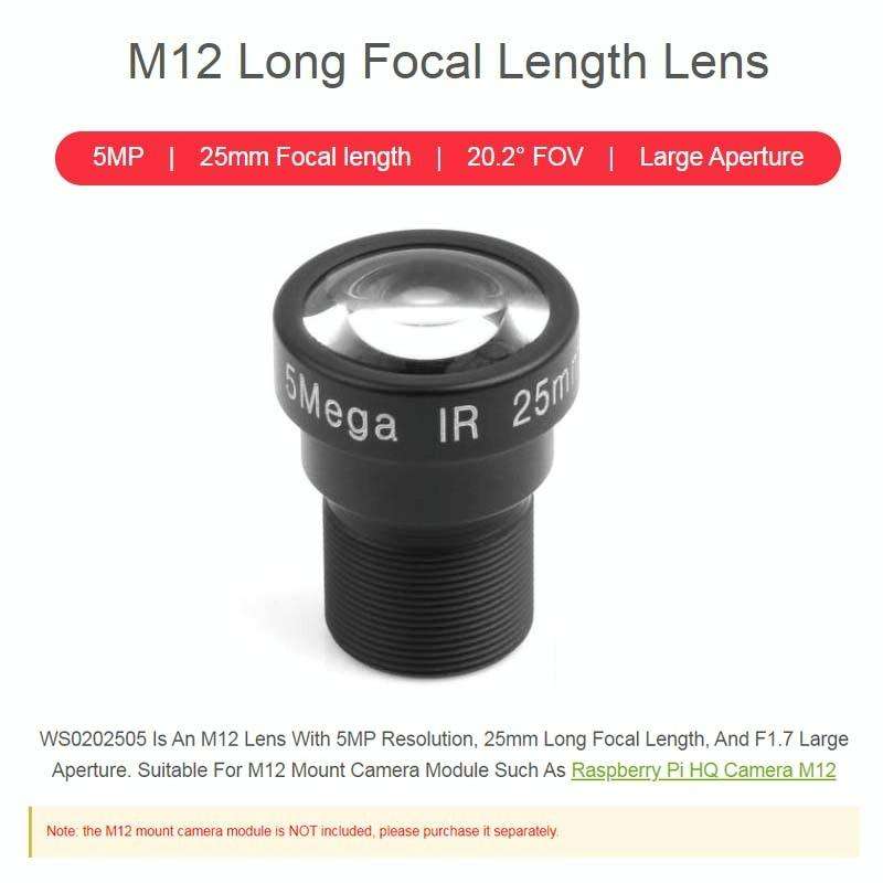 Waveshare WS0202505 For Raspberry Pi M12 Camera Lens ,5MP, 25mm Focal Length,Large Aperture,24054