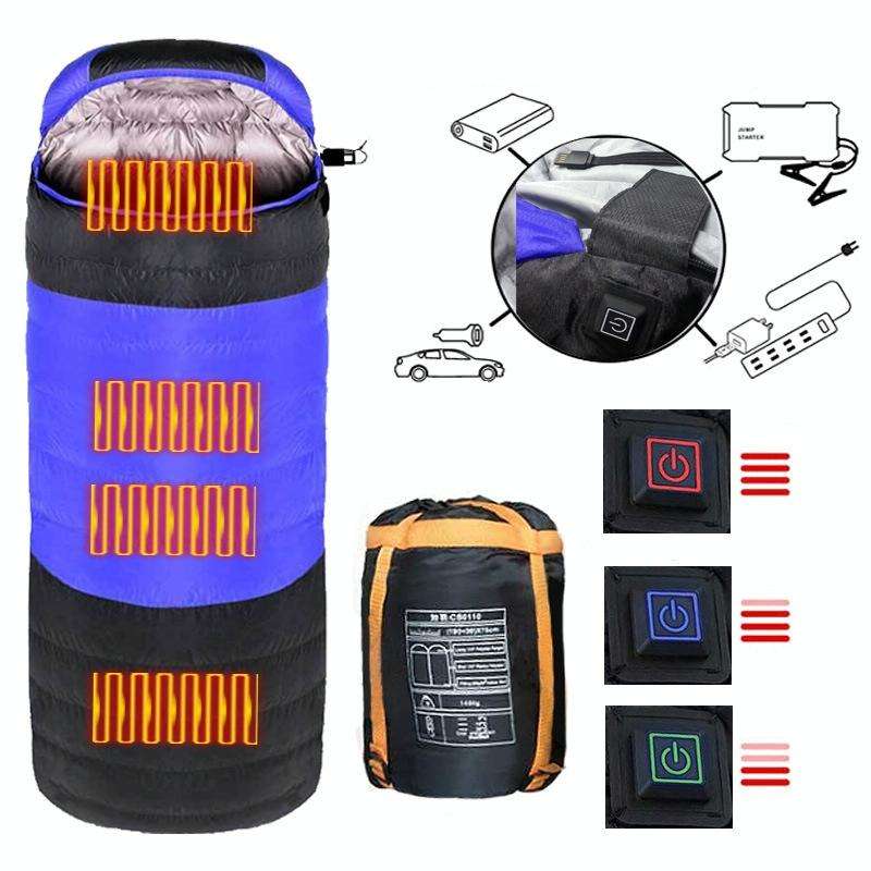 USB Electric Heating Down Cotton Sleeping Bag 3-speed Temperature Adjustment (180+30)x75cm(Blue)