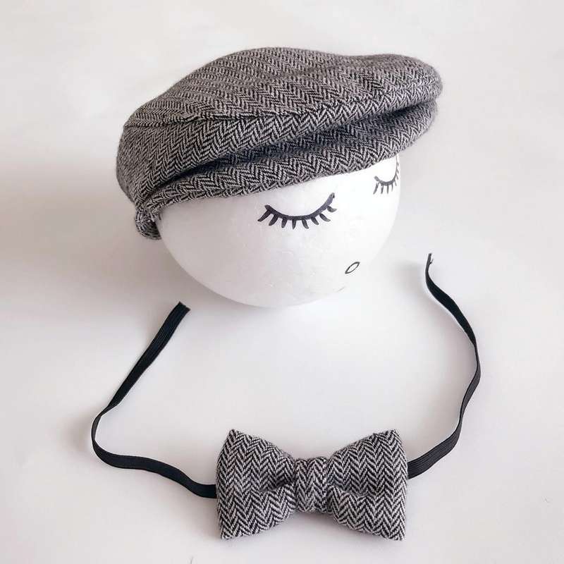 Newborn Baby Photography Props Photo Shoot Outfits Infant Cap Cabbie Hat with Bowtie Set Black White