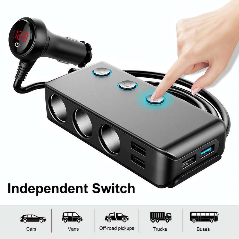 Car Cigarette Lighter Car Charger 3USB Port +1 QC3.0 + 3 Cigarette Lighter Ports + Back Clip Desi...