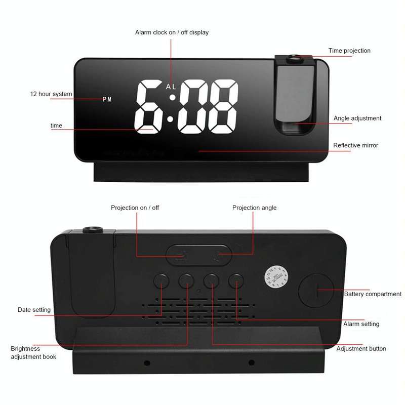 S282 Multifunctional Silent Electronic Digital Projection Clock(White Shell White Light)