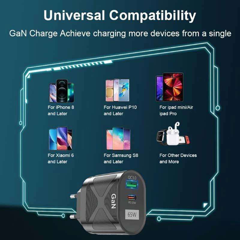 65W GAN PD + QC3.0 Fast Charger Phone Notebook Computer Universal Charging Head, Plug: EU Plug Black