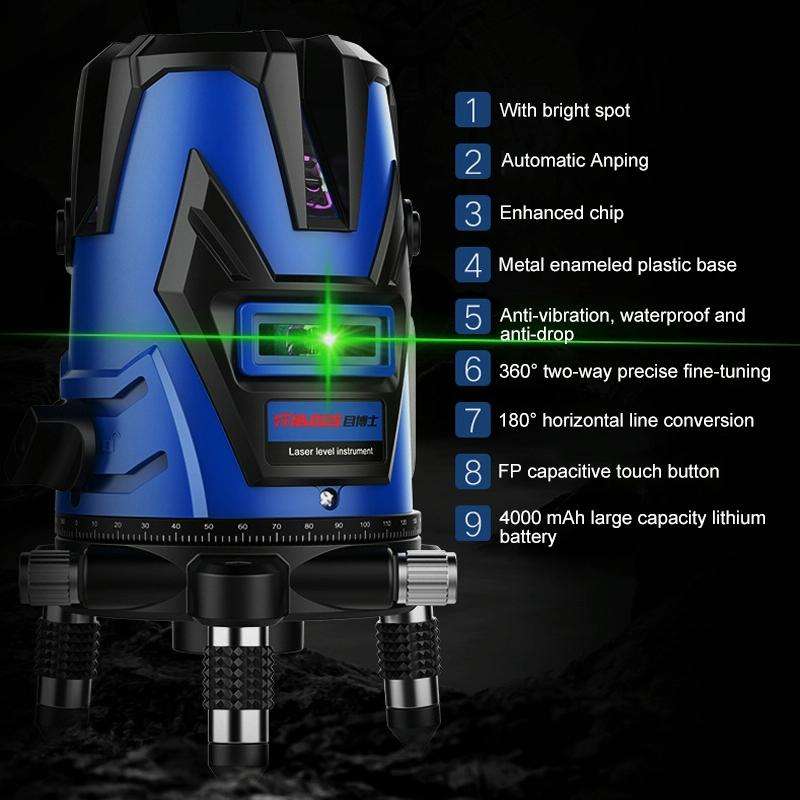 MBOOS Green Light 3 Line Outdoor Laser Level Instrument with Anti-drop Plastic Box & 1m Tripod