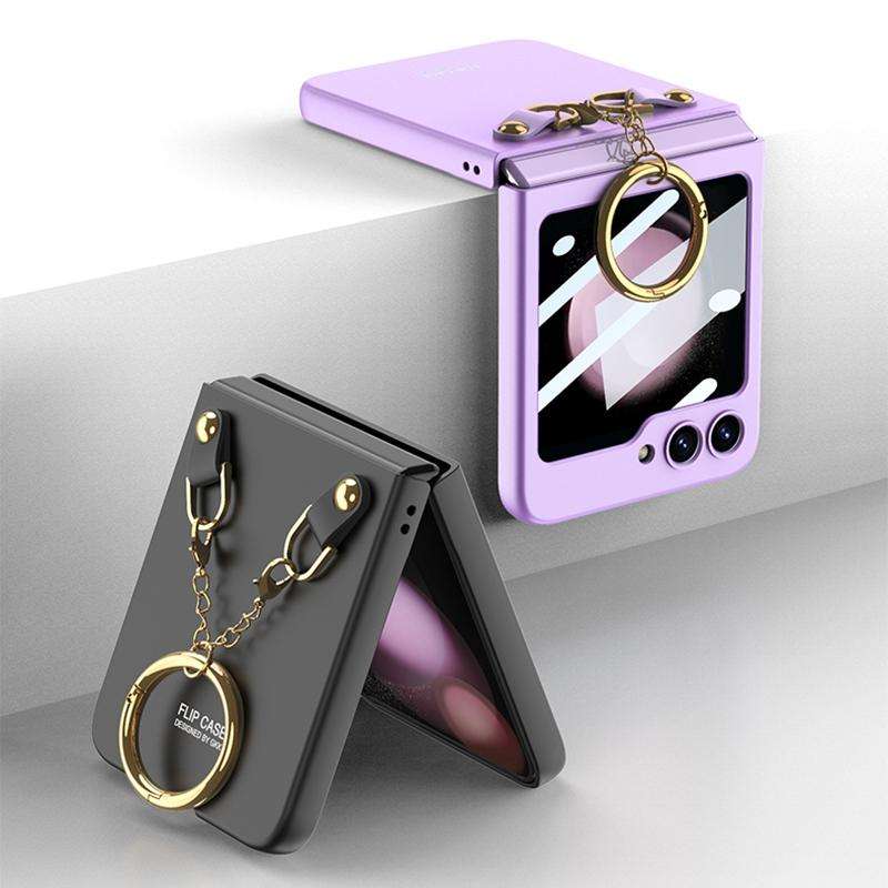 For Samsung Galaxy Z Flip5 GKK Integrated Necklace Hinged Flip Phone Case with Ring Holder(White)