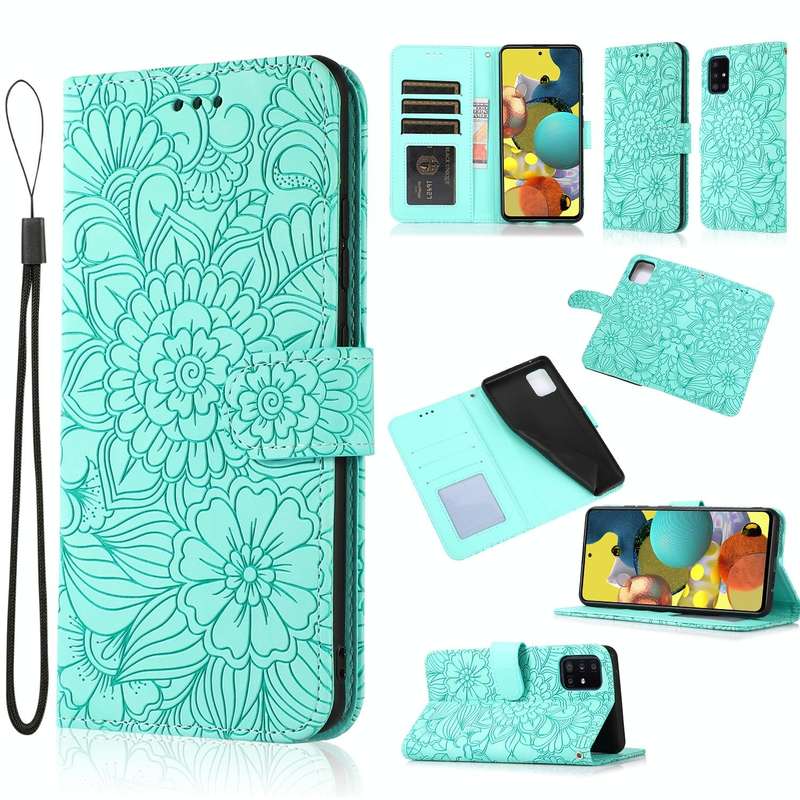 For Samsung Galaxy A51 Skin Feel Embossed Sunflower Horizontal Flip Leather Case with Holder & Ca...