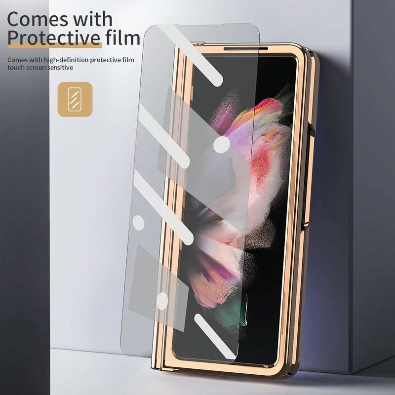 For Samsung Galaxy Z Fold3 Litchi Texture Integrated Electroplating Hinge Flip Phone Case with Pe...