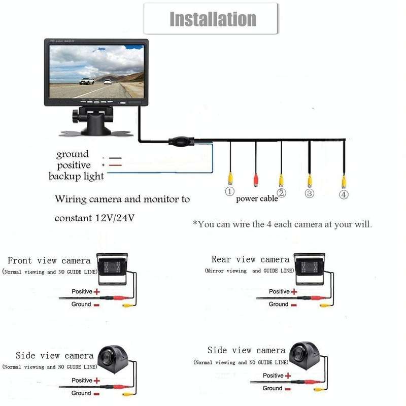 K0164 7 inch HD Car 18 IR Night Vision Rear View Backup Four Cameras Rearview Monitor