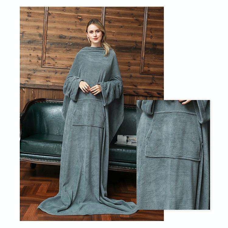 Flannel Long Pullover Warm Blanket with Sleeve(Gray)