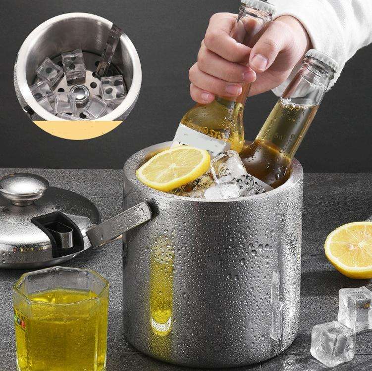 304 Stainless Steel Ice Bucket Double-Layer Hollow Bar Beer Wine Barrel With Ice Clip, Capacity: ...