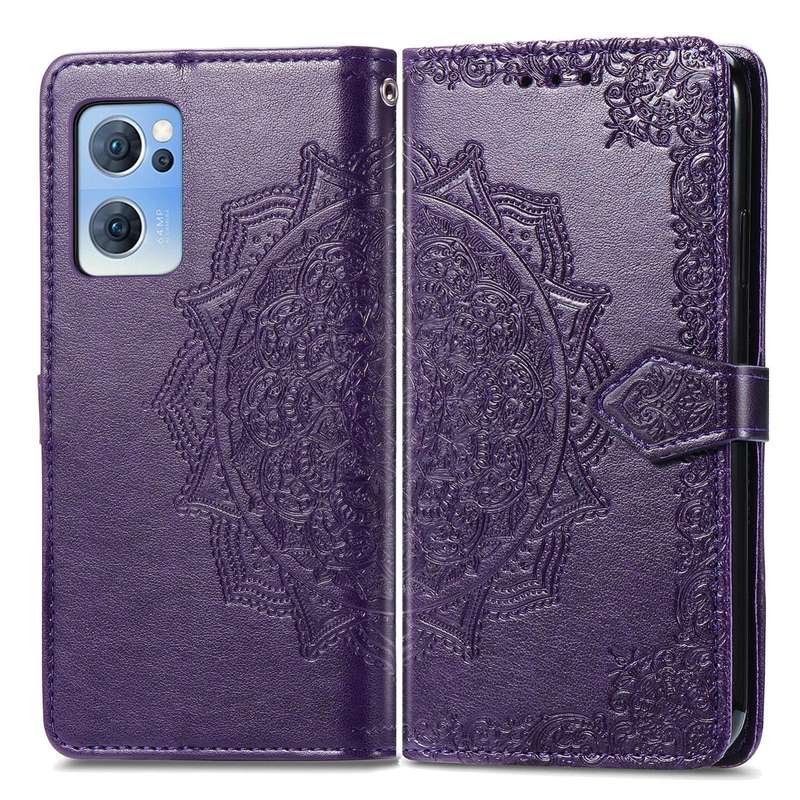 For OPPO Reno7 5G Mandala Flower Embossed Flip Leather Phone Case(Purple)