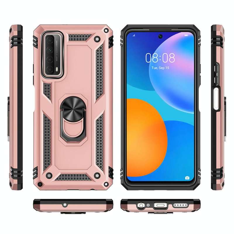 For Huawei P Smart 2021 Shockproof TPU + PC Protective Case with 360 Degree Rotating Holder(Rose ...