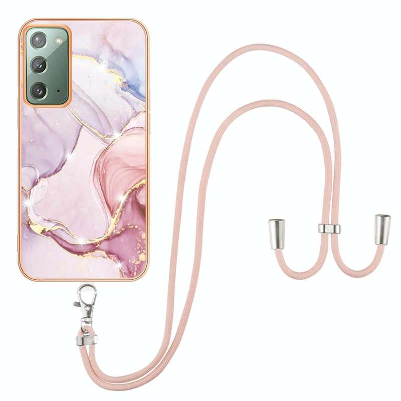 For Samsung Galaxy Note20 Electroplating Marble IMD TPU Phone Case with Lanyard(Rose Gold 005)
