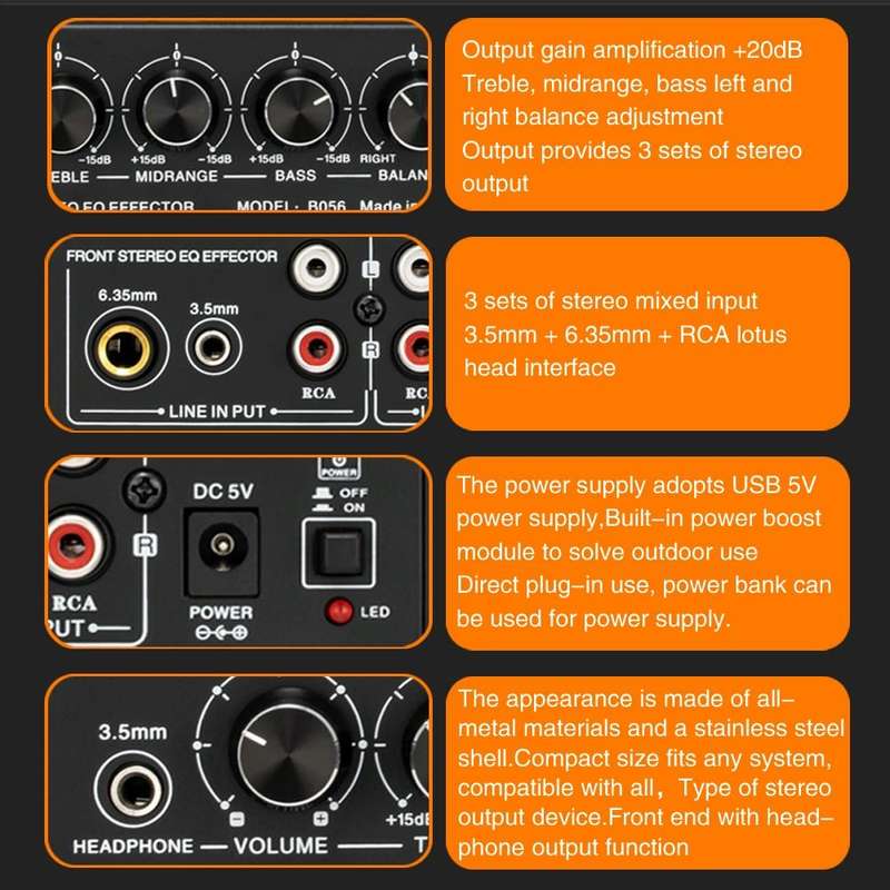 3-Channel Mixer Front Stereo Amplifier High / Mid / Bass Adjuster, USB 5V Power Supply, US Plug