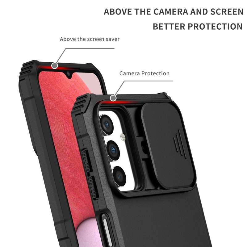 For Samsung Galaxy A13 Stereoscopic Holder Sliding Camshield Phone Case(Black)