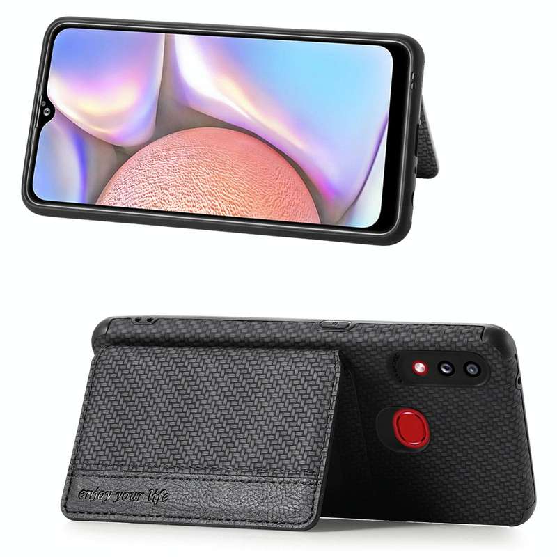 For Samsung Galaxy A10S Carbon Fiber Magnetic Card Bag TPU+PU Shockproof Back Cover Case with Hol...