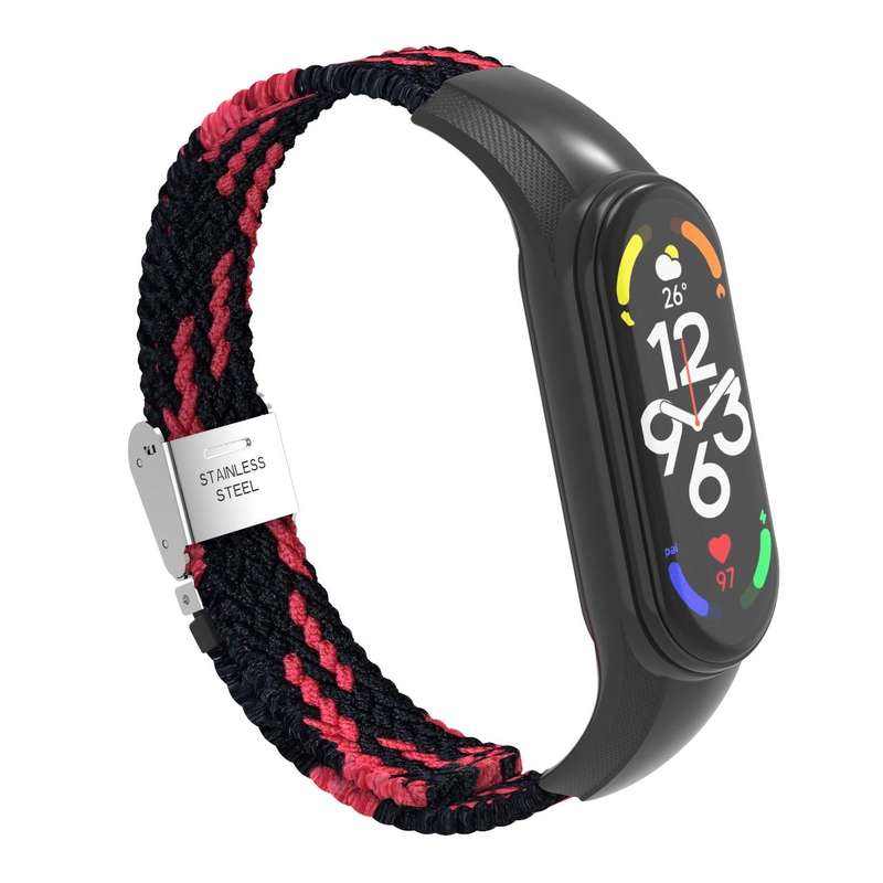 For Xiaomi Mi Band 7 Adjustable Nylon Braided Integrated Watch Band(Black Red)